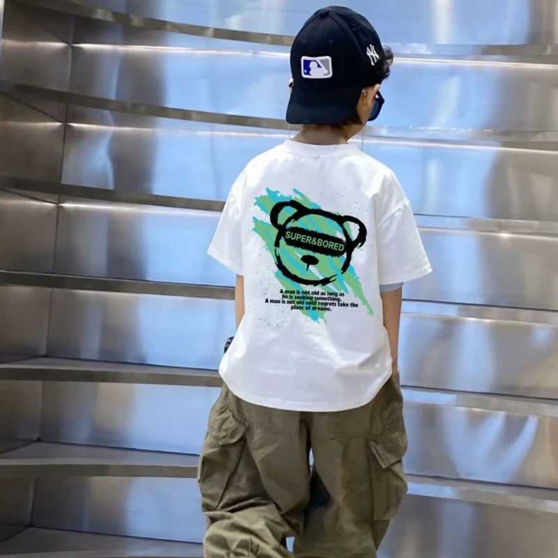 2023 Summer Kids Clothes Cartoon Print T Shirt Streetwear 100%Cotton Tops Children Boys Girls Clothes Short Sleeve Tees O-NeckT250306
