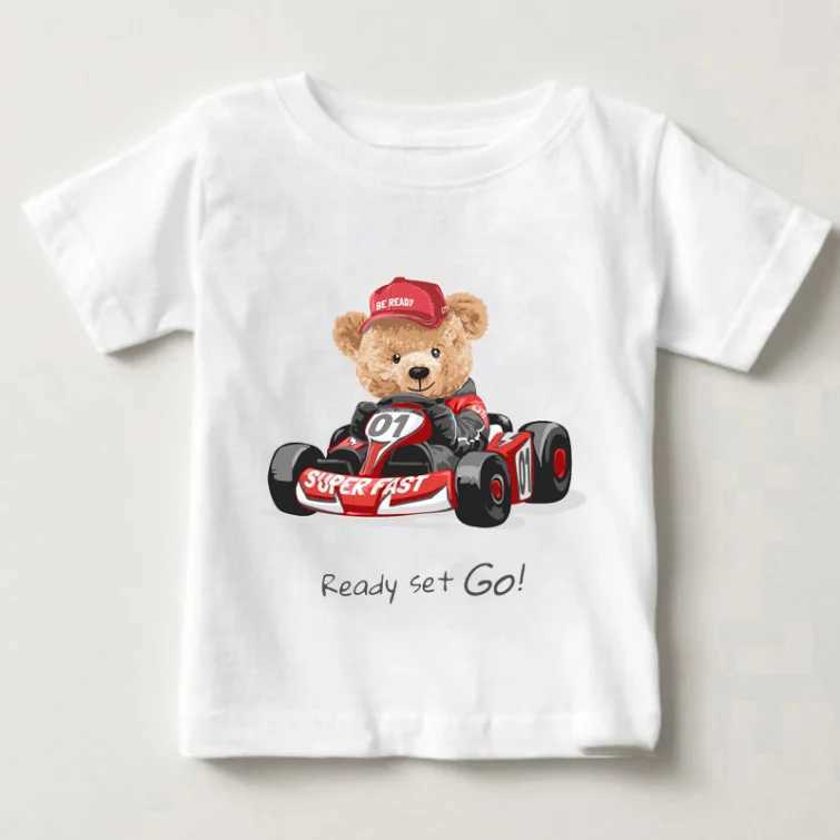 Cute Bear Riding Car Print Boys And Girls White T-shirt Childrens Summer Harajuku Kawaii Funny Baby Y2K ClothesT250306
