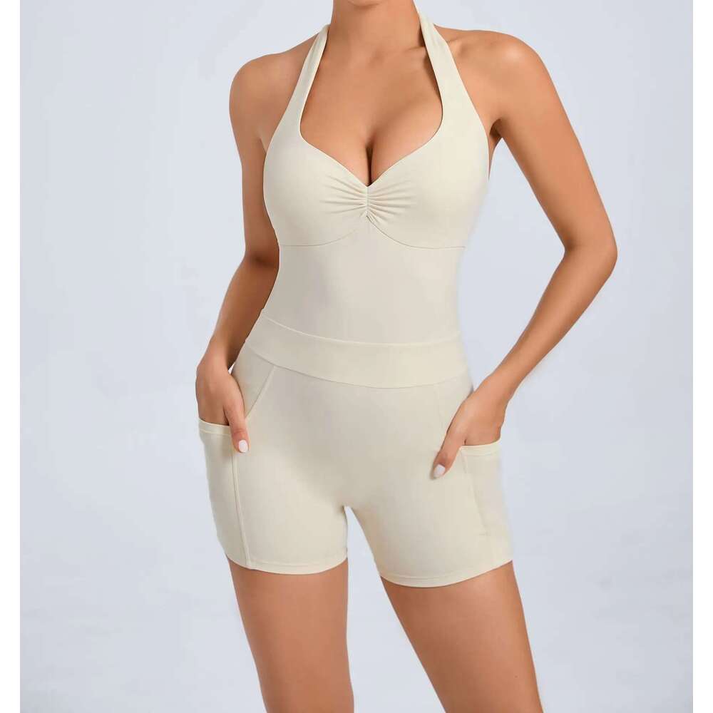 Pad Nylon Women Bodysuit Fiess Suede Yoga Adjustable One-Piece Shorts Set Pockets Gym Sports Push Up Cycg Jumpsuit KLMY