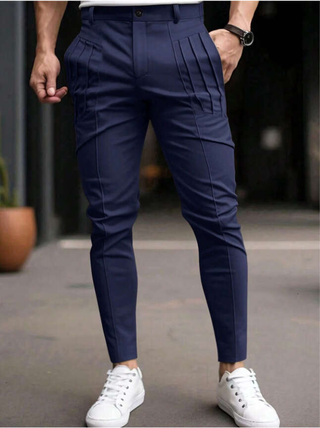 European and American hot selg men's solid color tight pocket zipper casual slim fit small leg pants 2025 temperament versatile new trend clothin