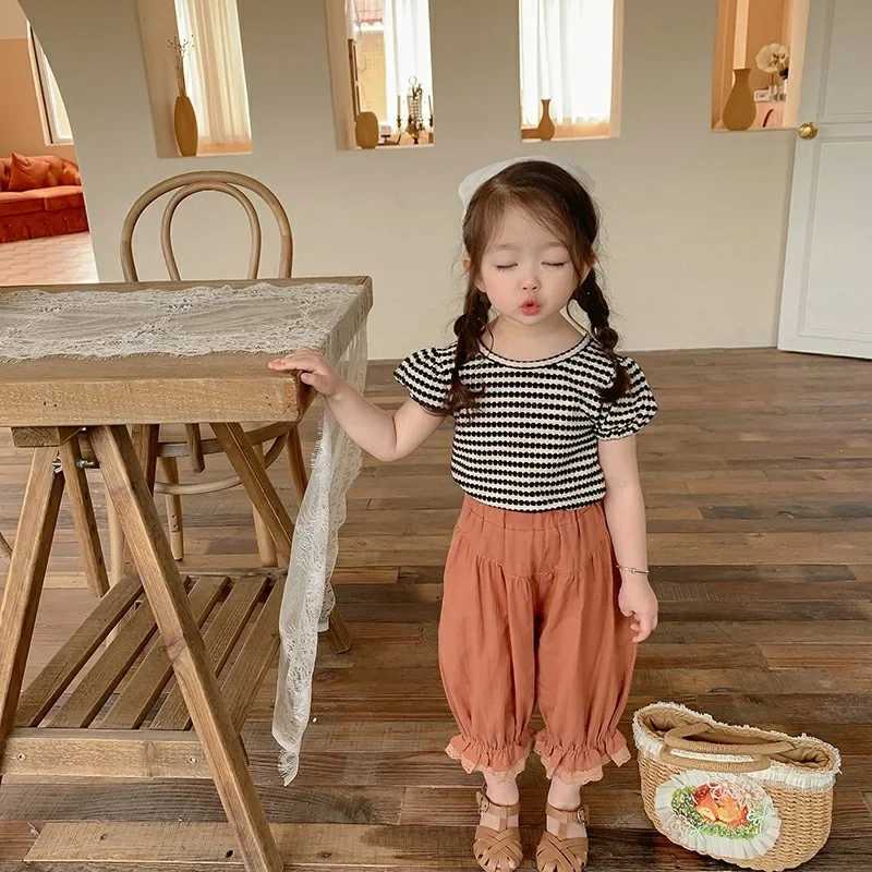 2024 Summer New Korean Style Baby Girls Striped T-shirts Bowknot Backless Puff Sleeve Tops Toddlers Kids TeesT250306