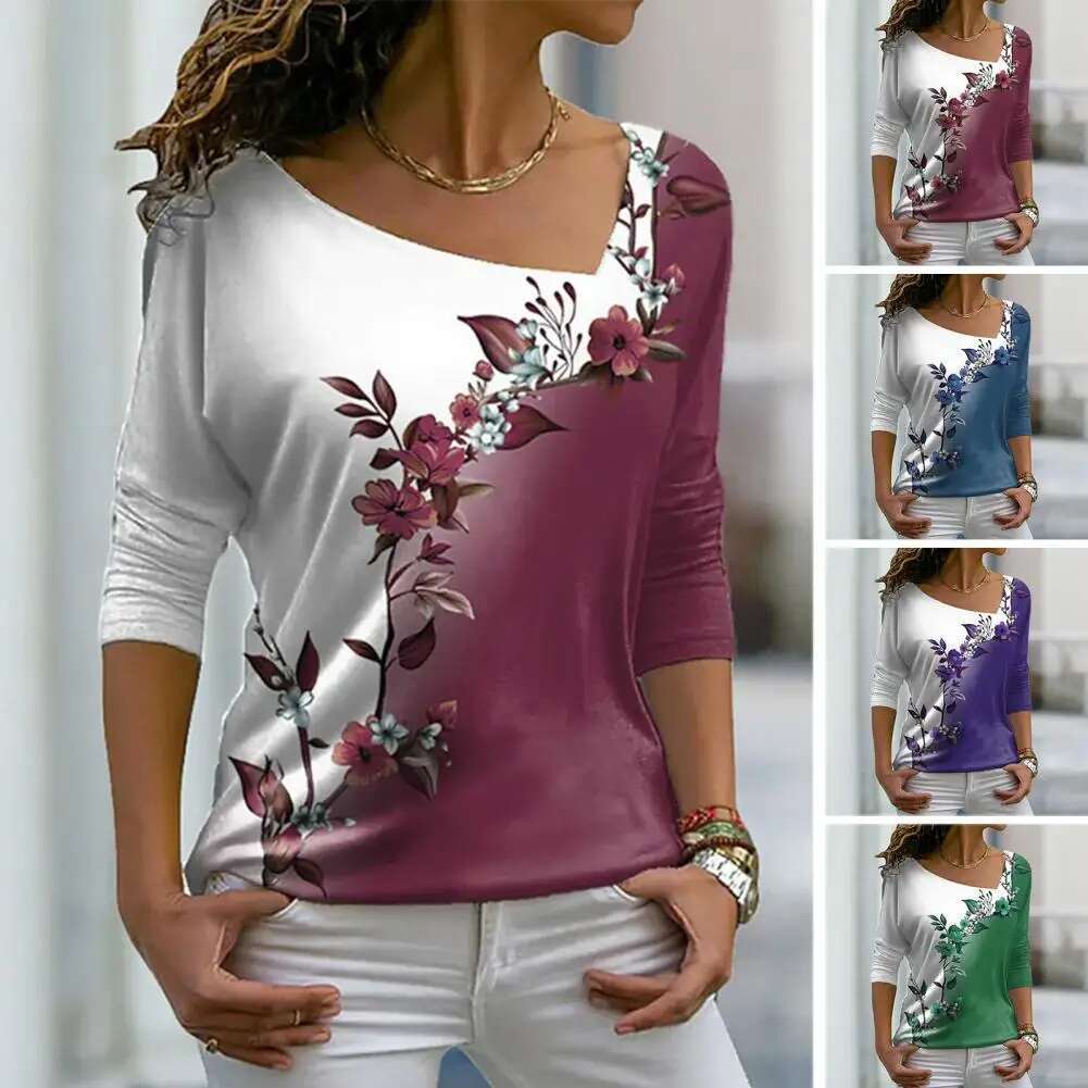Women Autumn Top Wer Print Contrast Color Long Sleeves V Neck Pullover Warm Soft Ral Pattern Lady T-Shirt Female Clothes