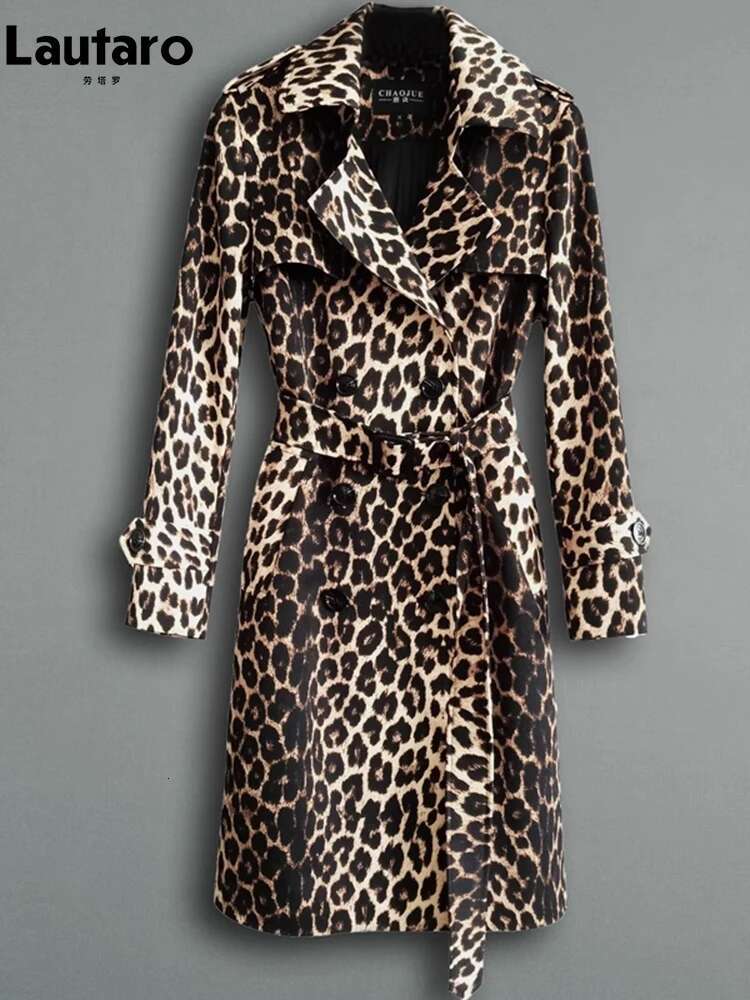 Lautaro Spring Autumn Long Stylish Leopard Print Trench Coat For Women Belt Double Breasted Casual Designer Clothes 2023