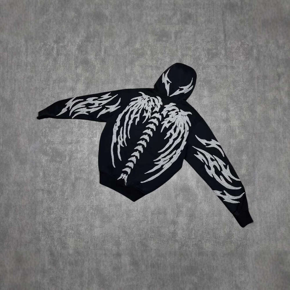 Y2K Cool Tide Dark Night with Unique White Skull Embroidery Design Pattern Black Hoodie