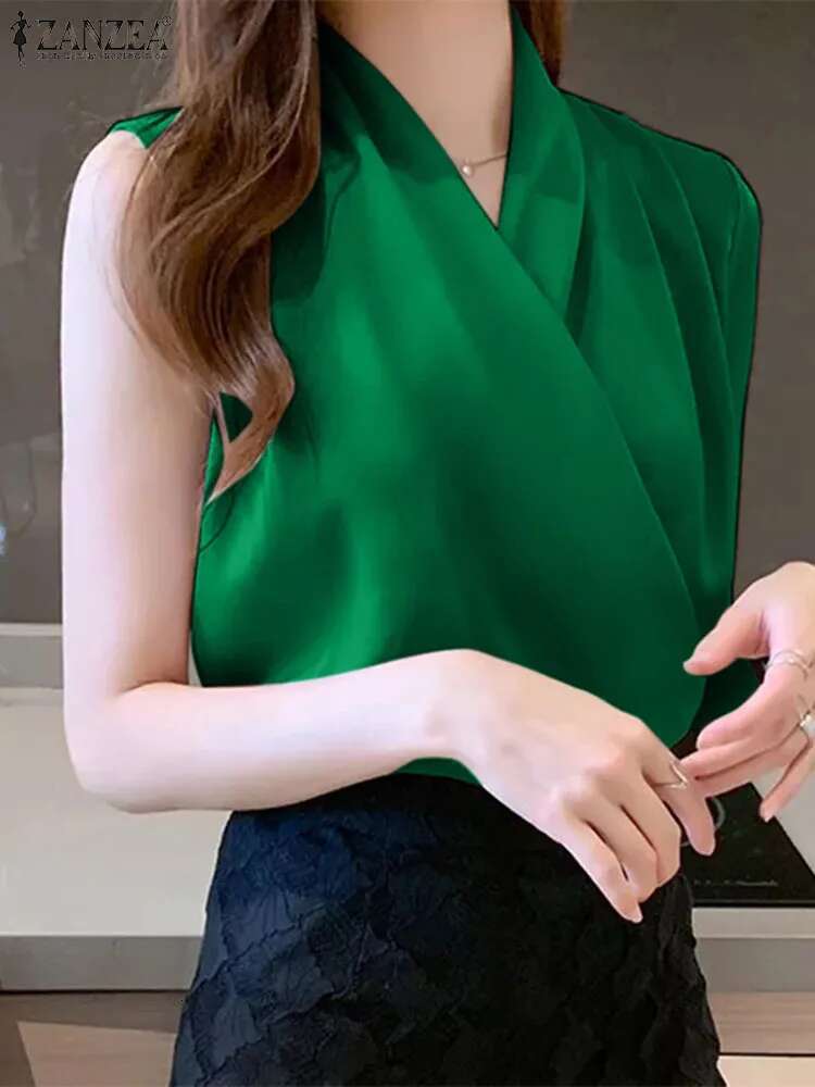 Elegant V Neck Sleeveless Satin Blouse 2024 ZANZEA Summer Women Office Work Tops Female Casual Solid Pleated Shirt Blusas Mujer