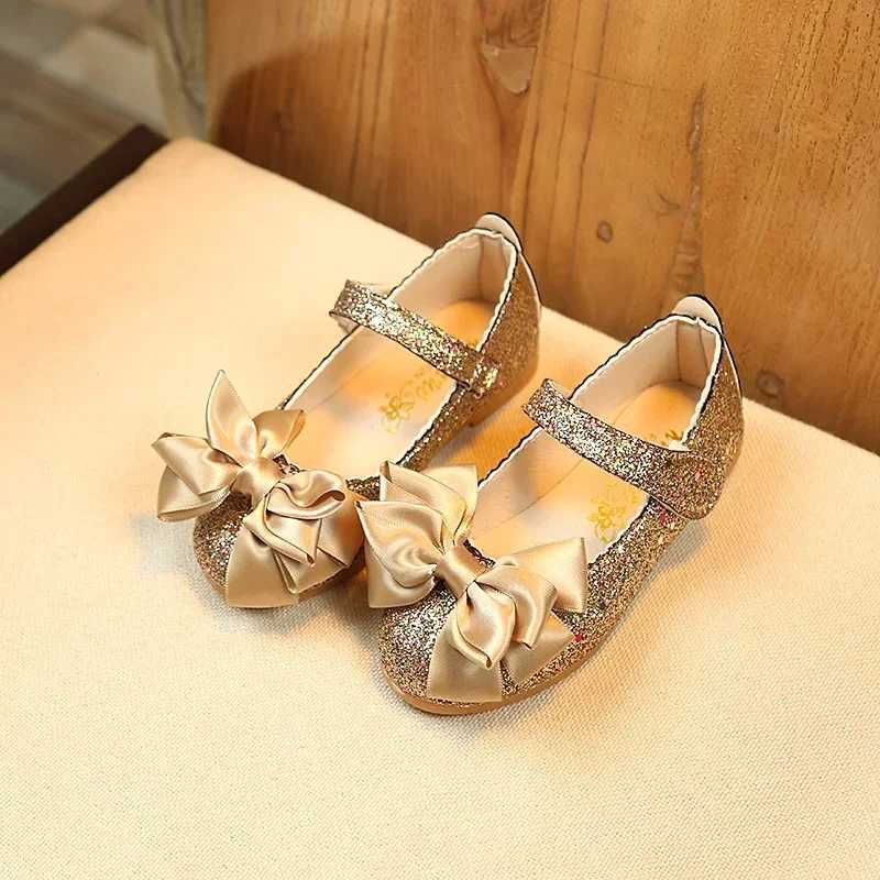 Girls Leather Shoes for Toddlers Kids Big Children Flats Glitter with Bow-knot Princess Sweet Bling Dress Shoes for Dance PartyT250306
