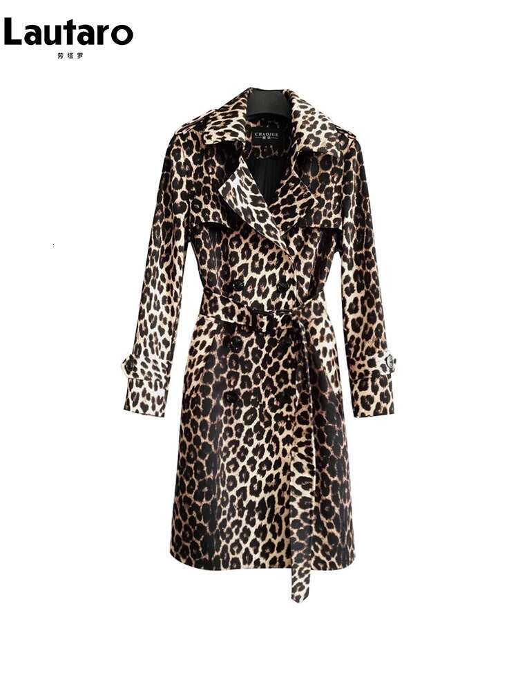Lautaro Spring Autumn Long Stylish Leopard Print Trench Coat For Women Belt Double Breasted Casual Designer Clothes 2023