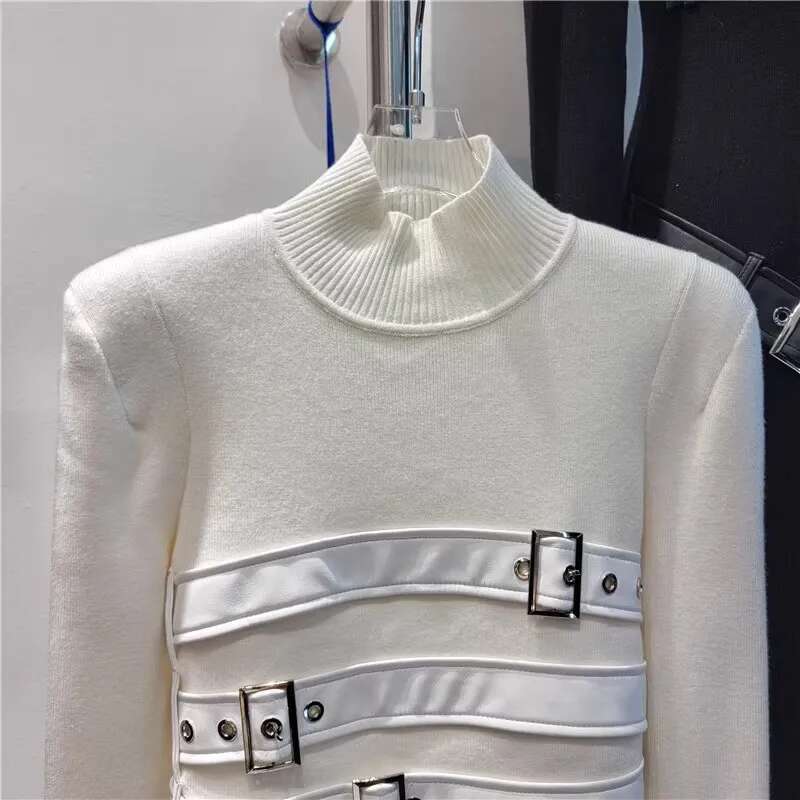 2025 Autumn Winter New Fashion Design Belt Buckle Slim Fit Knitted Tops For Women Turtleneck Long Sleeve Sweater