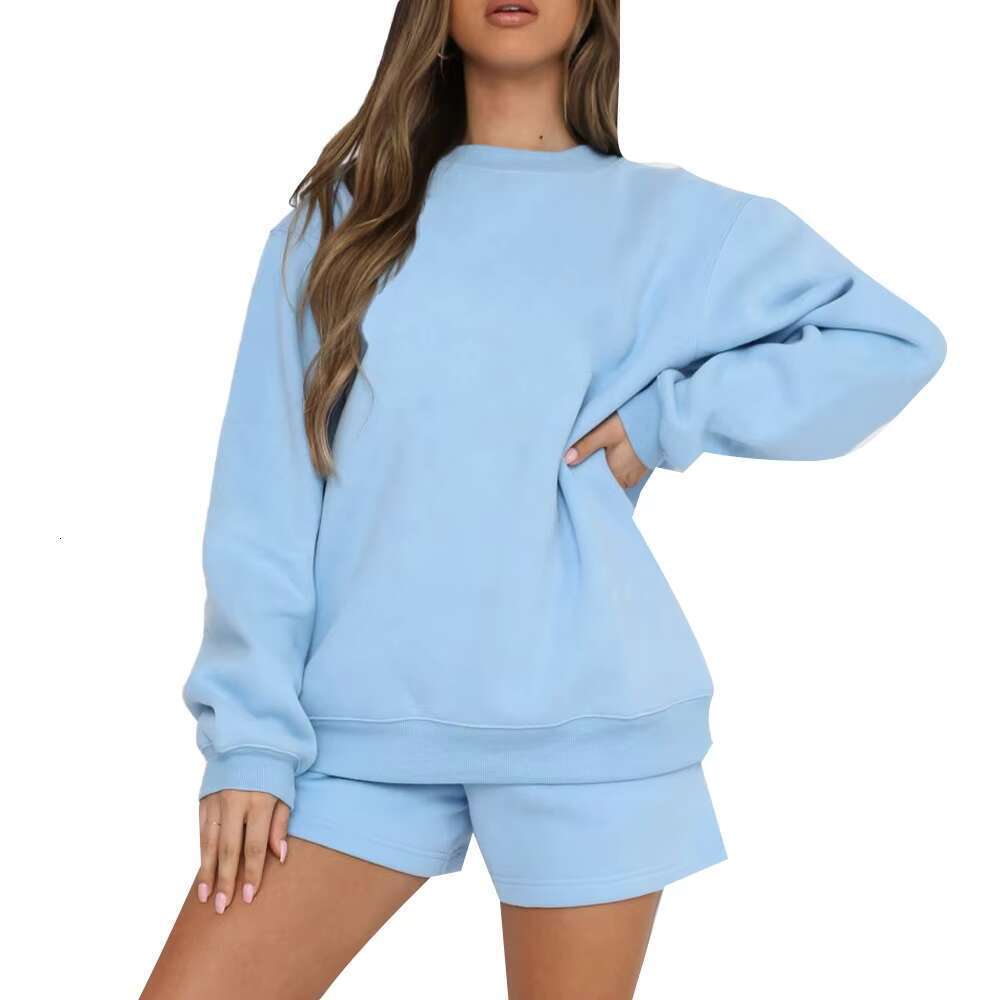 OEM Custom Oversized Cotton Jogger 2 Piece Sets Women Crew Neck Shorts Set Sweatshirt