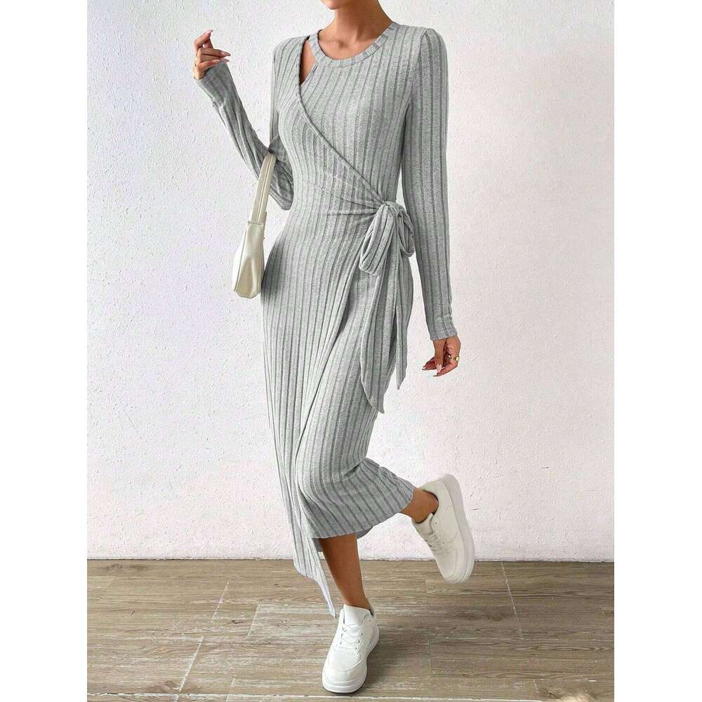 Autumn/Winter New Women's Knitted Grey Irregular Long Dress KLMY