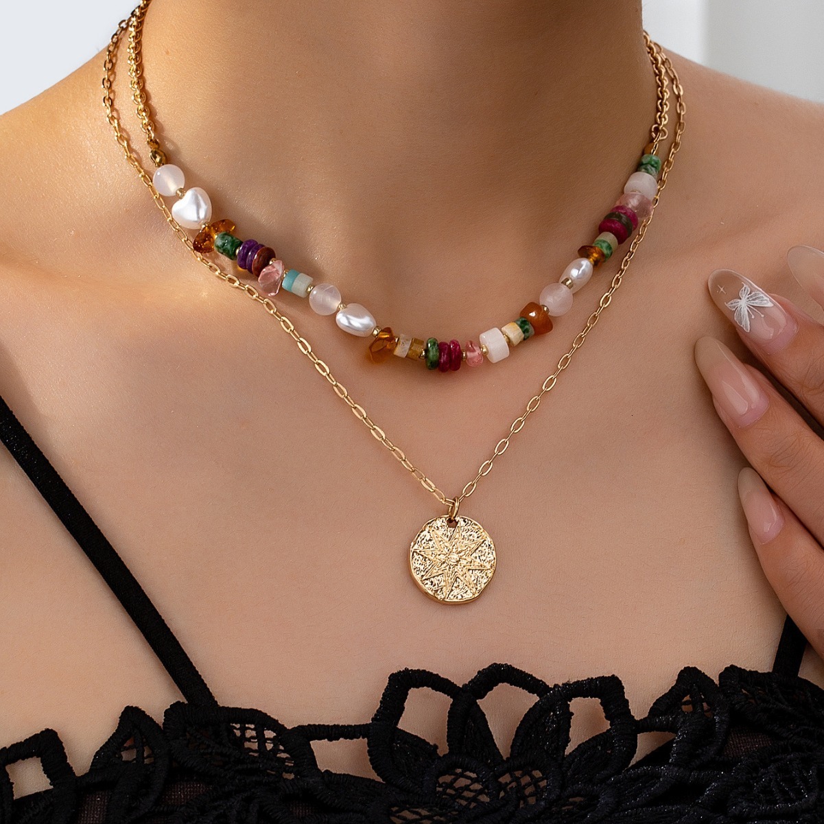 Fashion Personality Simple Double Chain Necklace With Beaded Double Chain Necklace With High Sense Clavicle Chain Women's Jewelry