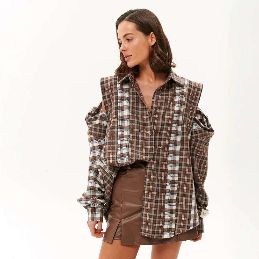 Fashionable Cross-Border New Women's Plaid Top Sensible Niche Design Spring Autumn Cotton Material Shirt Sleeve
