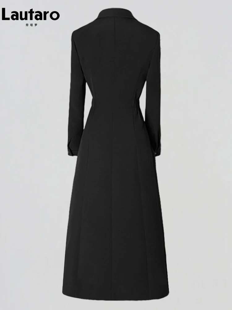 Lautaro-Long Black Fitted Trench Coat For Women, Chic Stylish, Single Breasted, Designer Clothing, Spring, Elegant
