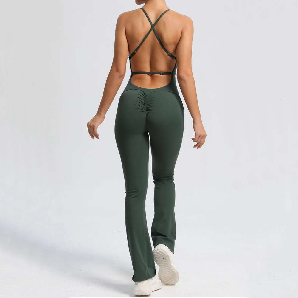 New Nylon Pad Bunny Sportwear Fiess Yoga Set Workout Flared Legging One Piece Jumpsuit Pants Exercise Active Wear Bodysuit KLMY