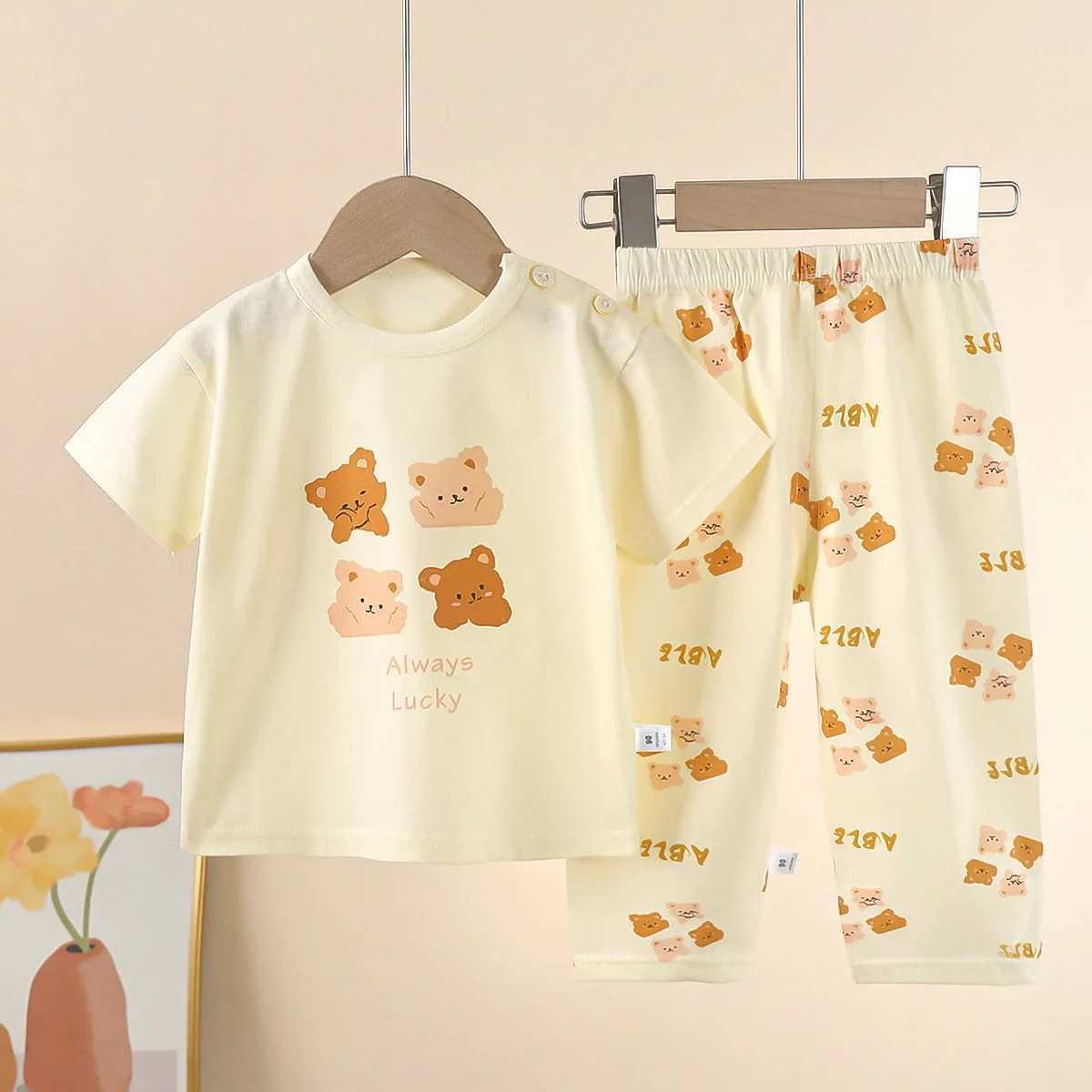 2024 New Childrens Short-Sleeved Suit Pure Cotton Summer Boys T-shirt Girls Home Clothes Baby Pajamas childrens clothing M250306