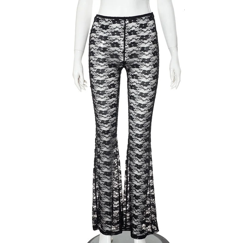 fashion floral lace pants with Versatile high elasticity and sexy perspective casual glitter 250306