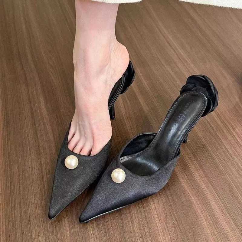 Autumn New Baotou Slippers Wens Fi Pointed Shallow Mouth Pearl Anti-slip Wear-resistant High H Y250306