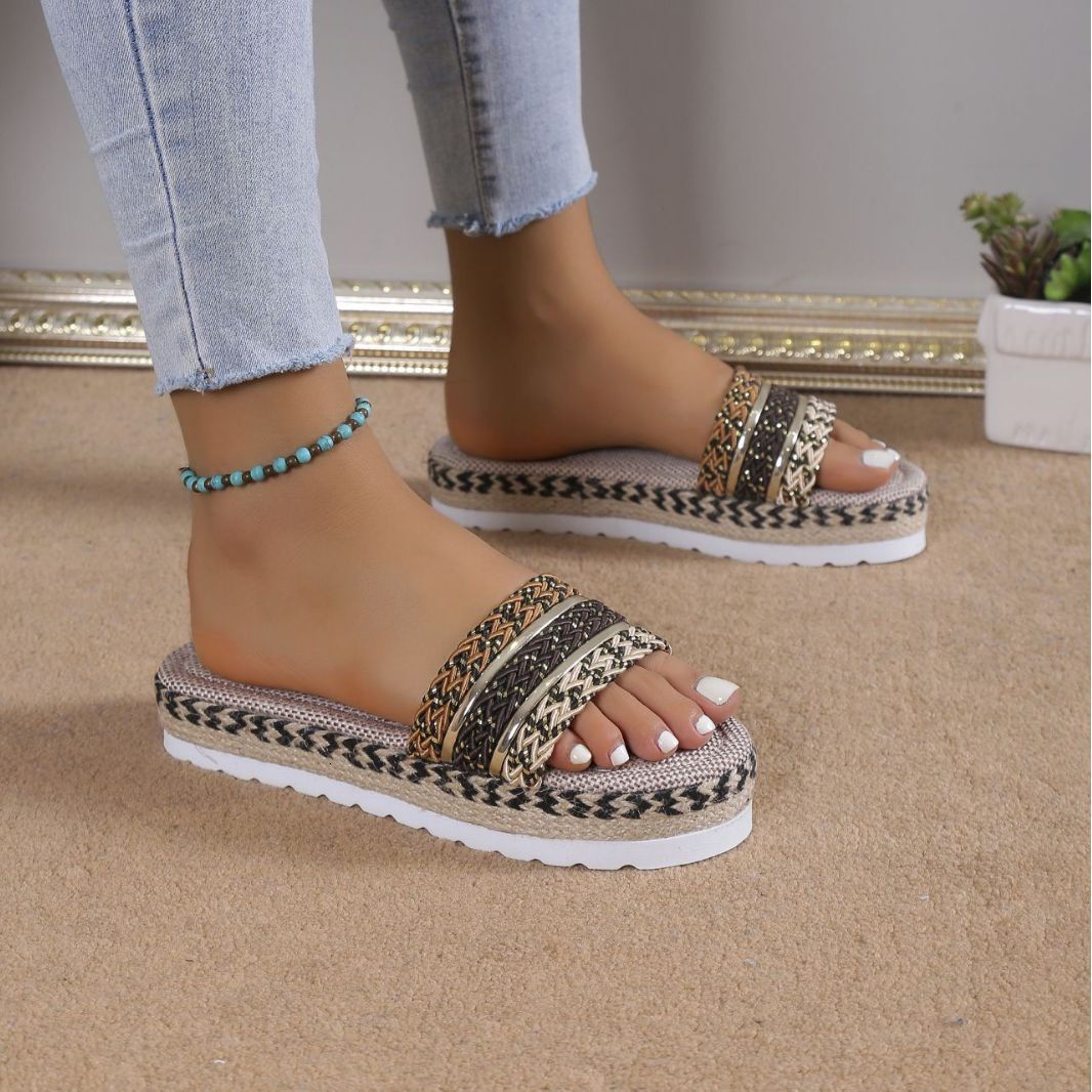 Color Candy New Style Hemp Rope Ethnic Wind Fish Mouth Women's Sandals Large Slippers Thick Bottom Summer 2025 ddmykukumalu