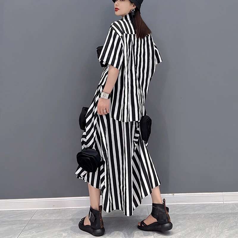 Korean Style Tie Wers Decorated Loose Fit Two Pieces Set Woman Summer Oversized Striped Blouse Shirt And Skirt Outfit Jjse016