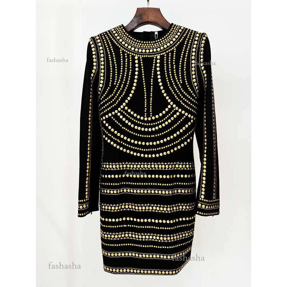 828 XXL 2024 Runway Dress Spring Summer Dress Crew Neck Beads Brand Same Style Empire Black Long Sleeve Womens Dress Fashion High Quality O
