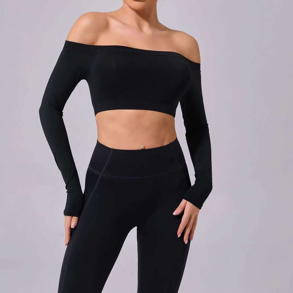One Shoulder T-Shirt, Long Sleeved Yoga Women's Sandblasted Tight Fitting Fiess Suit, Paired With A Sports Running Top KLMY