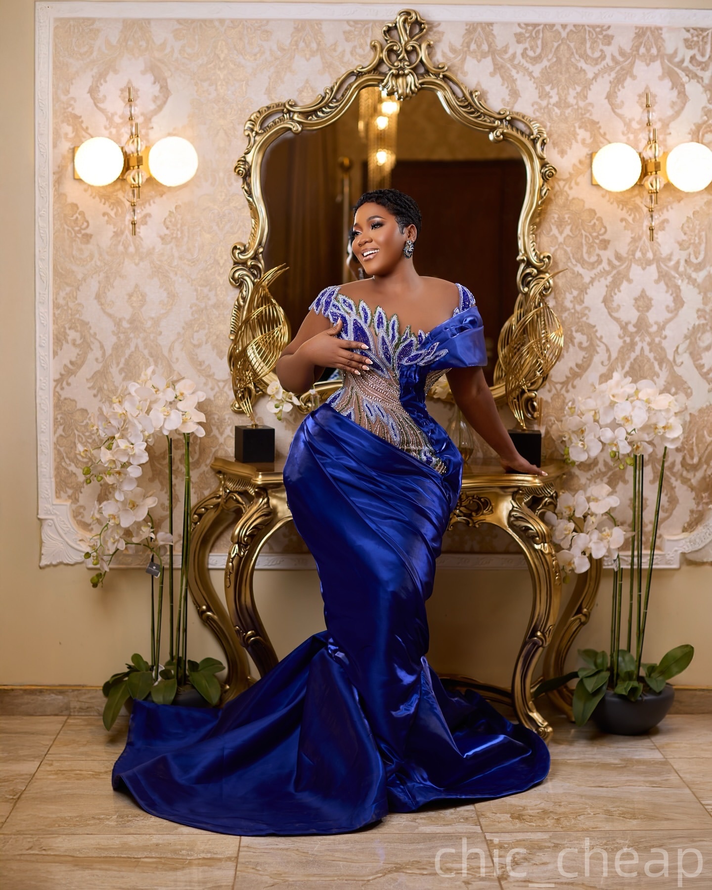 Mermaid Royal Blue Prom Dresses 2025 Satin Crystals Beaded Sheer Neck Evening Formal Party Second Birthday Engagement Gowns Plus Size Dress For Specia