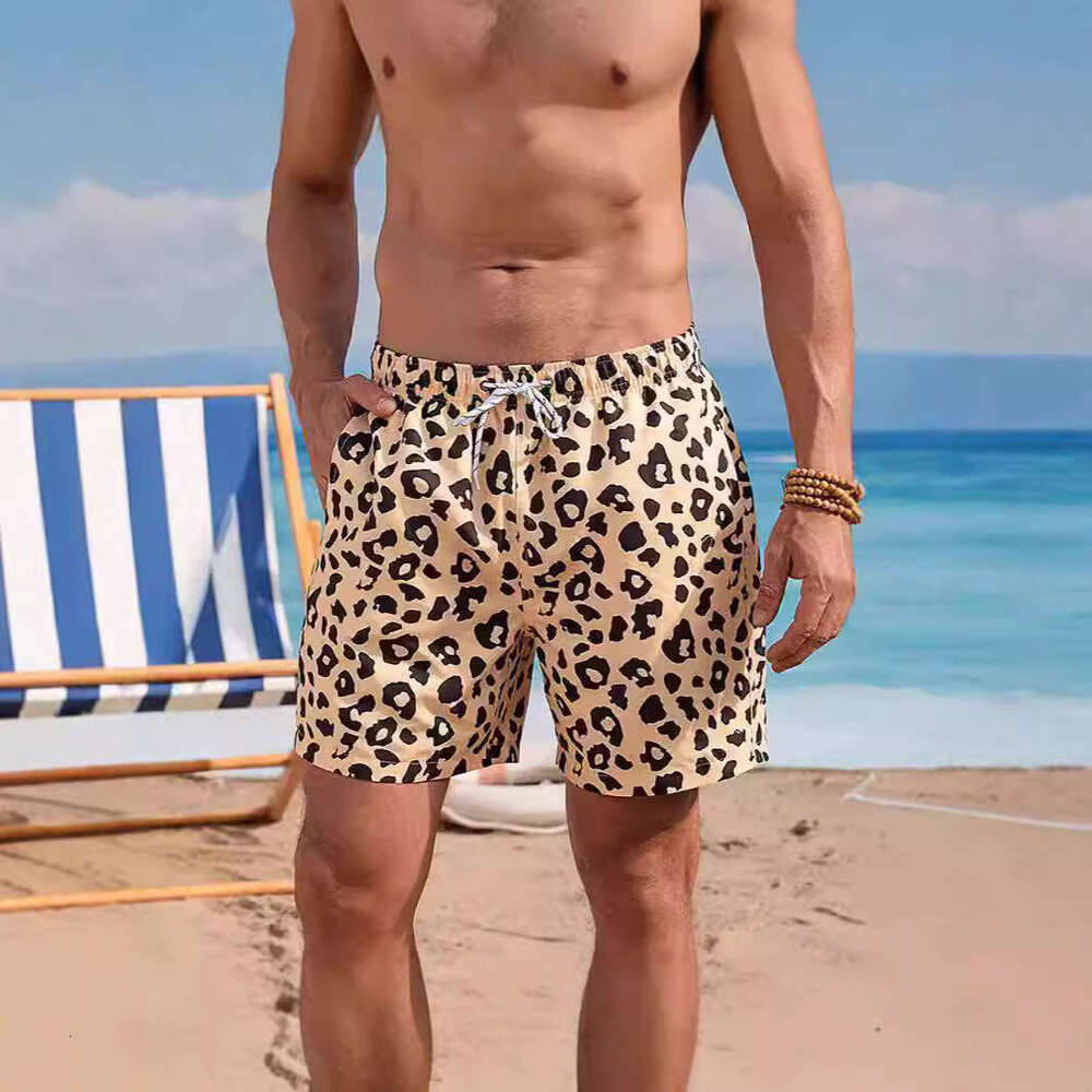 Men's leopard print men's quick drying water splashing shorts, loose oversized beach five quarter pants, 2025 new casual versatile fashion c