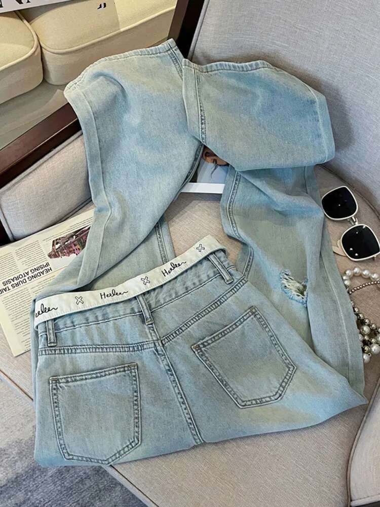 Casual Letter Jeans Women Street Chic Loose Flanging Denim Pants Female Spring High Waist Straight New Wide Leg Trousers Lady