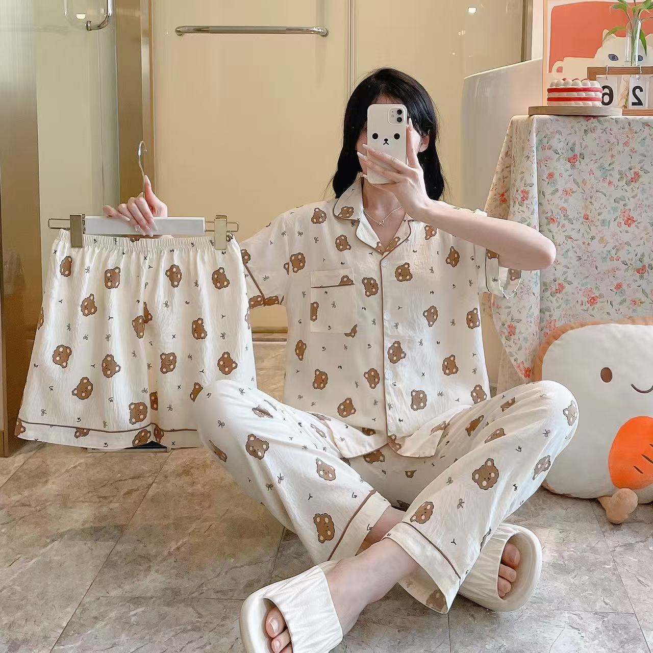 B754-Cotton pajamas three-piece suit for women summer short-sleeved trousers shorts spring and autumn home clothes suit