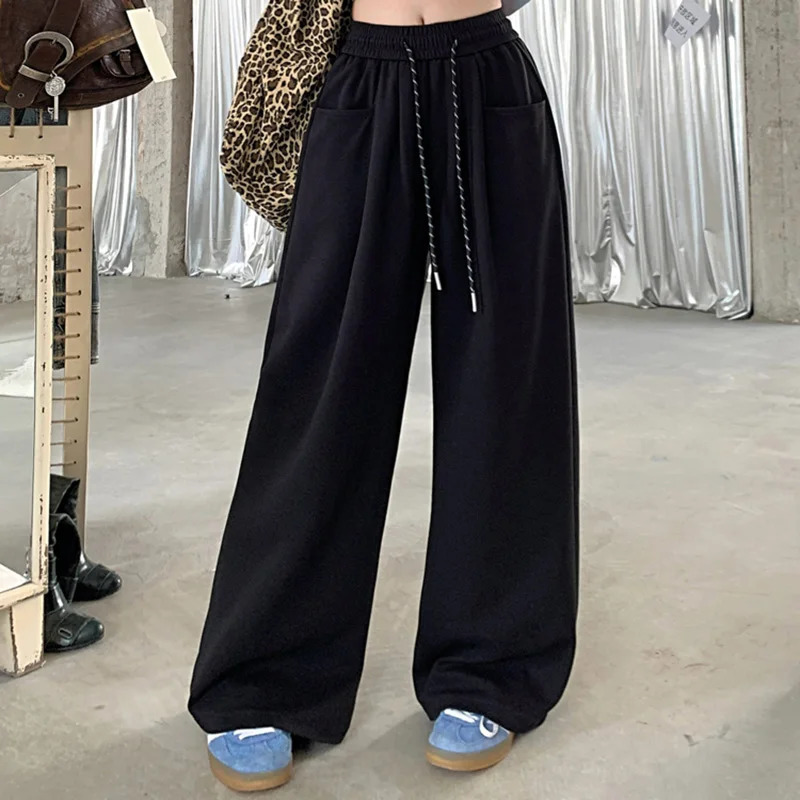 Autumn Women Hip Hop Style Baggy High Waisted Long Pants Lady Versatile Streetwear Solid Color Drawstring Wide Leg Trousers 250306