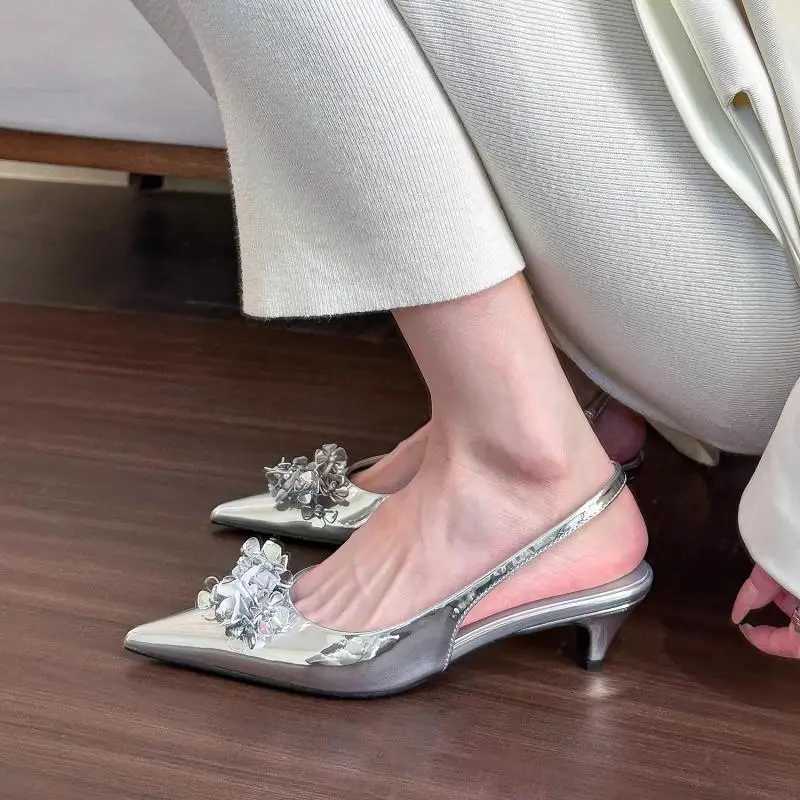Wen Sandals Spring Summer 2024 Spring New Pointy Flower Sandals Fi Mid-heel Back Empty Wens Single Shoes Shoes Y250306