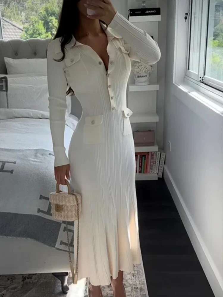 Knitted Elegant Party Woman Slim Lapel Button Pockets Long Dresses Office Lady Full Sleeve Ribbed Robes 2025 Spring New