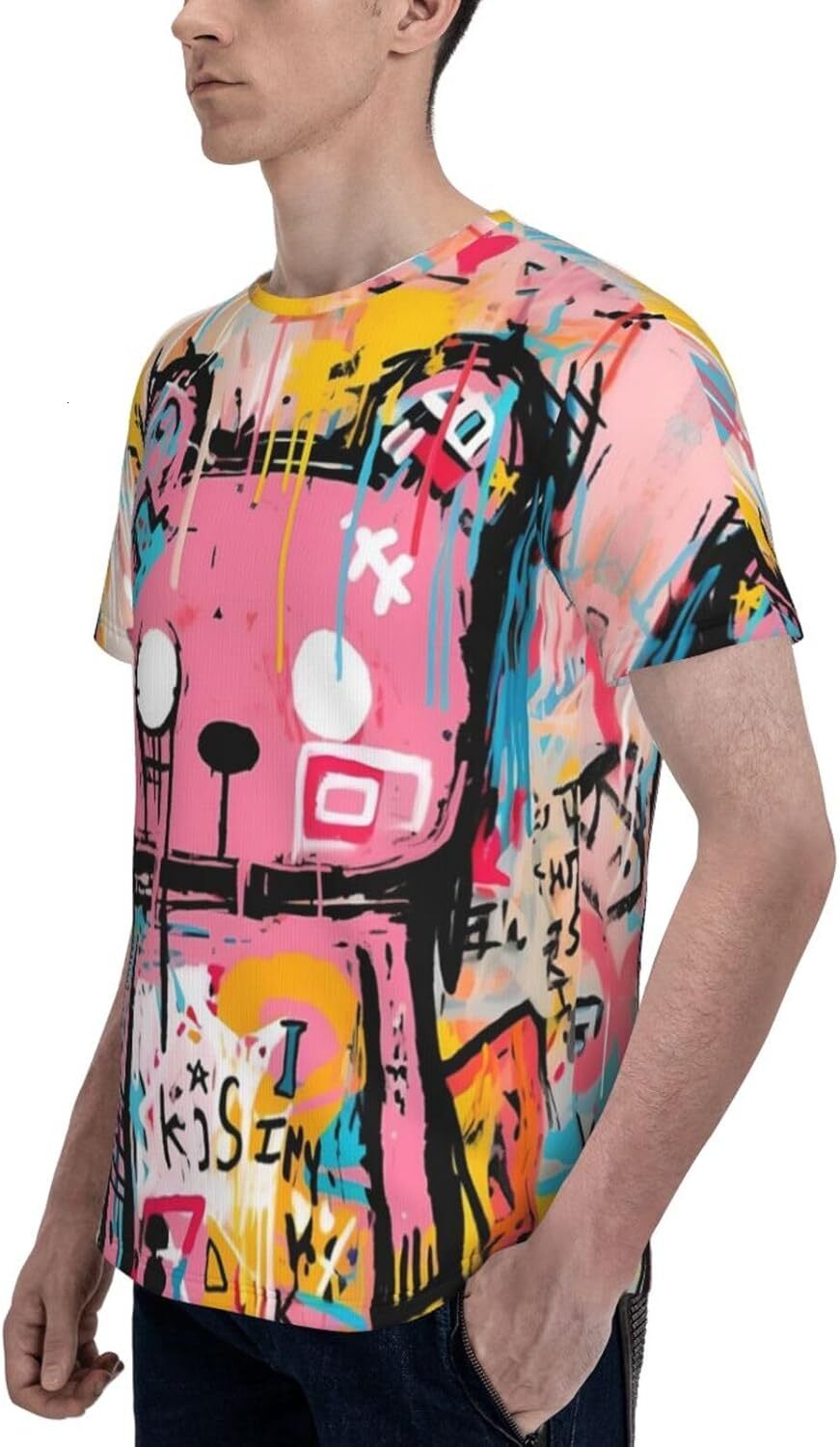 Mens T shirt Graffiti Bear Trendy 3D Graphic Tee - Cartoon Graffiti Print Soft Comfort Casual Summer Crew Neck T-Shirt Tops tee Casual tops summer clo