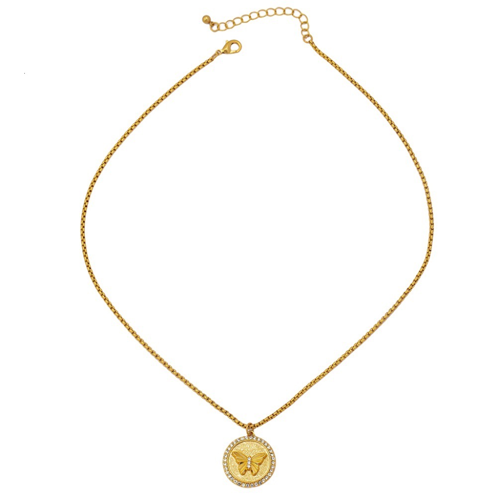 French Vintage Round Brand Butterfly Pendant Brass 18K Gold Plated Necklace Collar For Women