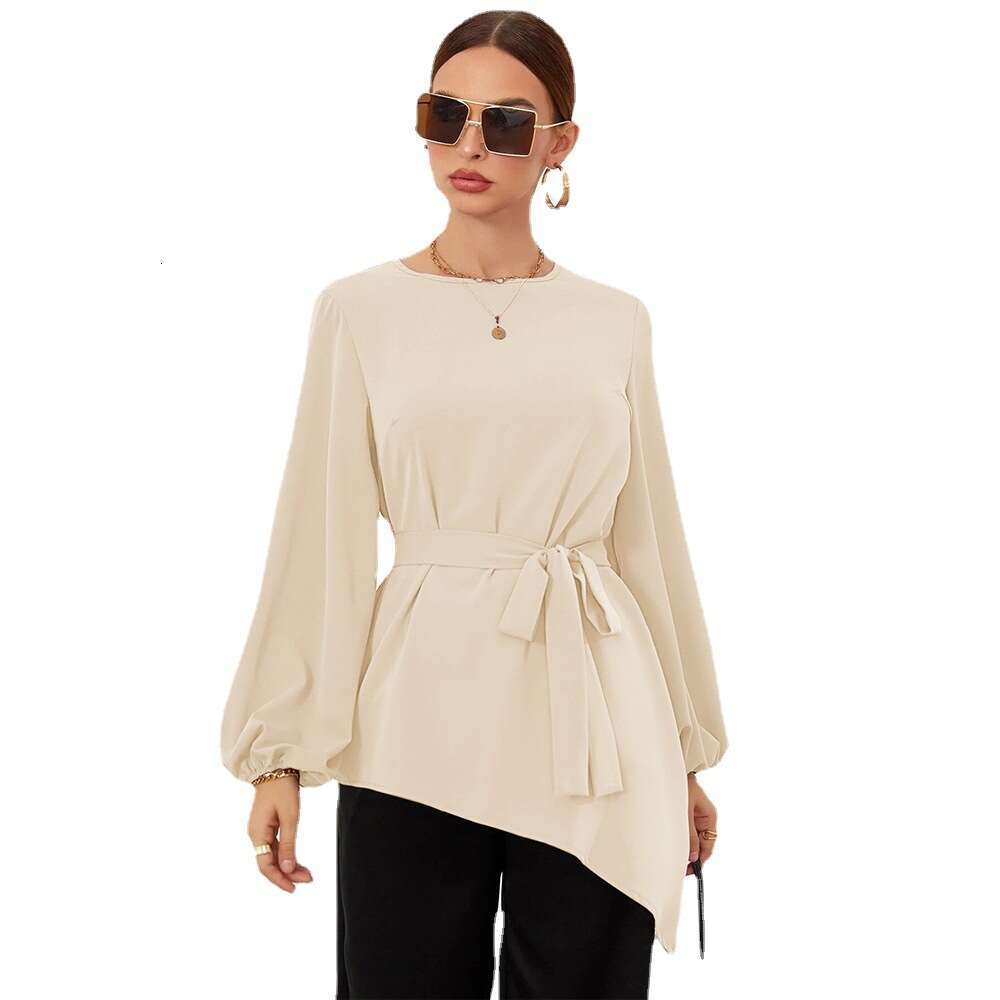 Spring/Summer Style Irregular Top Wrapped Waist Long Sleeved Women's Shirt KLMY