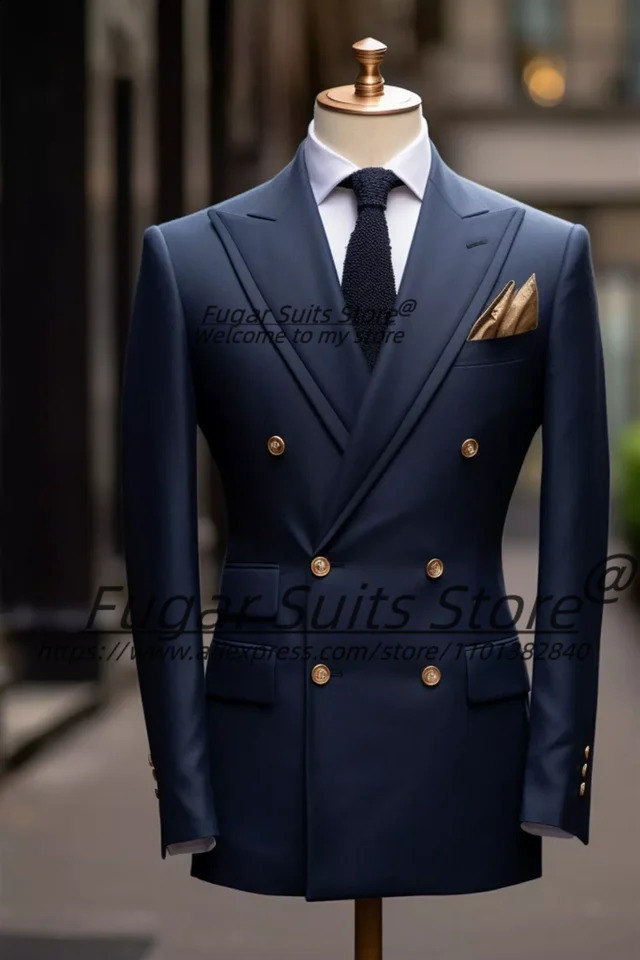 Italian style Navy Blue Meeting Men Suits Slim Double Breasted Groom Formal Tuxedos 2 Pcs Sets Classic Male Blazers Mens Clothing 250224Z