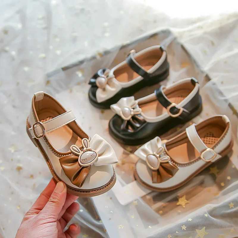 Black Leather Shoes Simple Non-slip Soft Soled Kids Princess Flats Autumn Children Fashion Loafers Cute Cartoon BowT250306