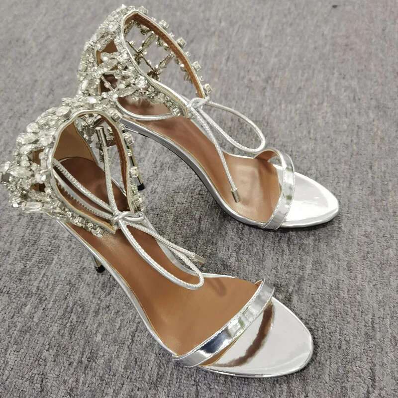 Colours Rhie Chains Narrow Band Sandals Wedding Women Bowknot Lace Up High Heel Open Toe Crystal Summer Party Shoes