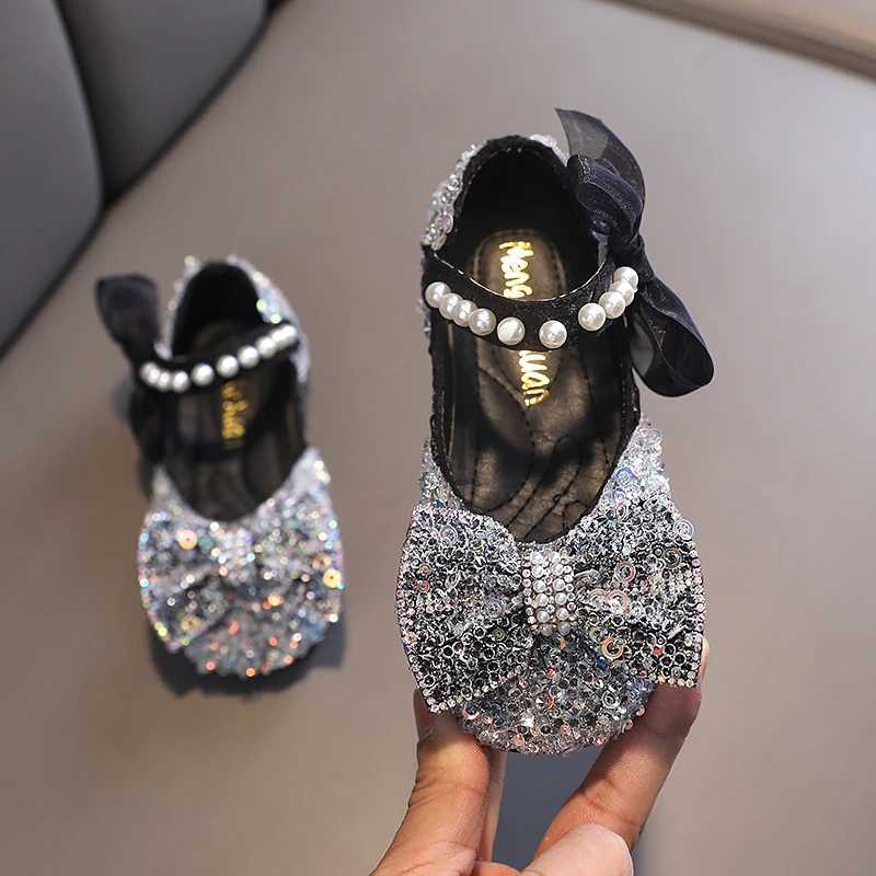 Toddler Girls Princess Shoes Sequins Lace Bowknot 21-36 Children Mary Janes Three Colors Luxury Trendy Party Kids Shoes FlatsT250306