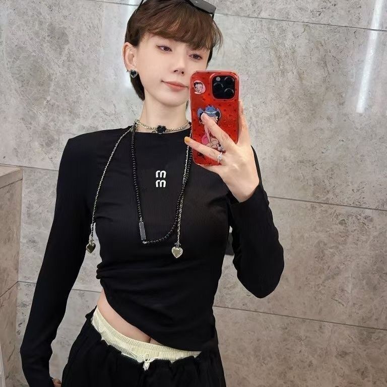 Women fashion o-neck logo letter embroidery thread cotton long sleeve t-shirts designer tops SML