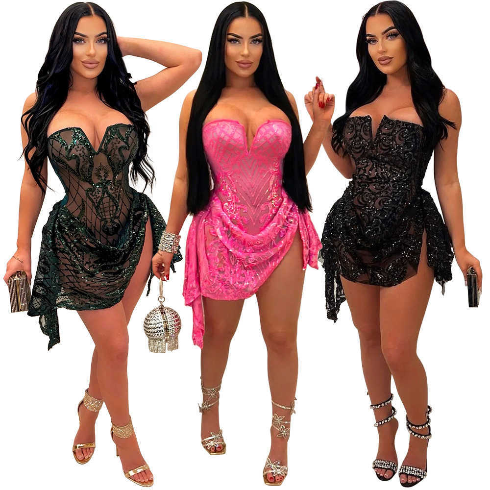 Urban Sexy Dresses CM.YAYA Women Strapless V-neck Fashion Sequined Sexy Dress Mesh S Through 2025 Summer Night Club Evening Party Mini Dresses Y241212