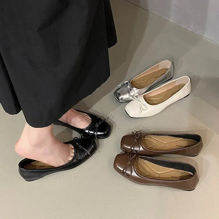 Shallow Mouth Shoes Woman Comfortable And Elegant Casual Female Sneakers Flats Bow-Knot Square Toe Modis Dress Butterfly Summer 250306