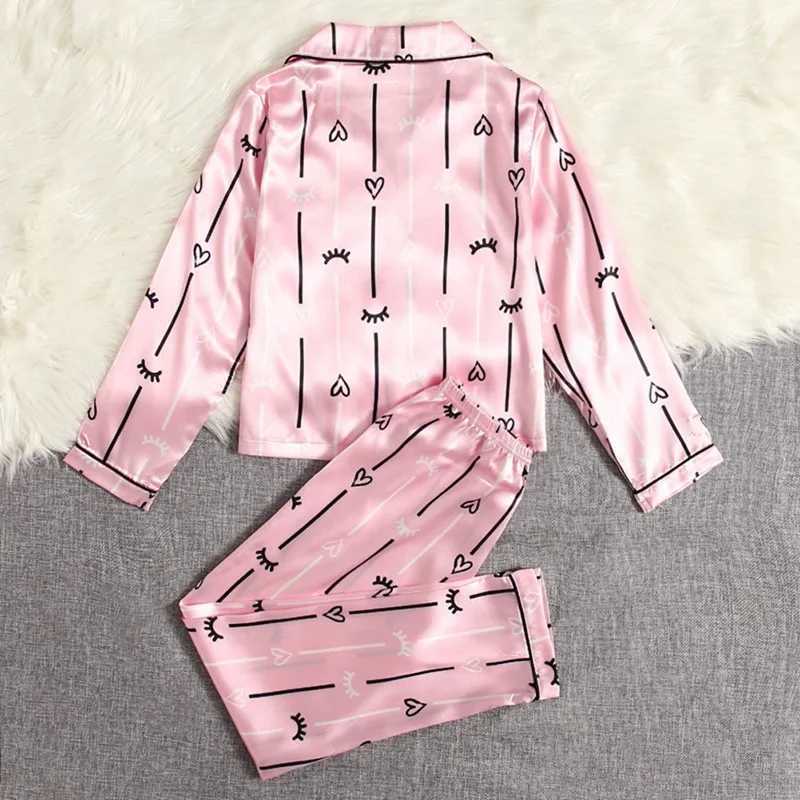Children Girls Button-Down Silk Pajamas Sets with Short Sleeve Nightwear 2PCS Lounge Sets 6-12 Years M250306