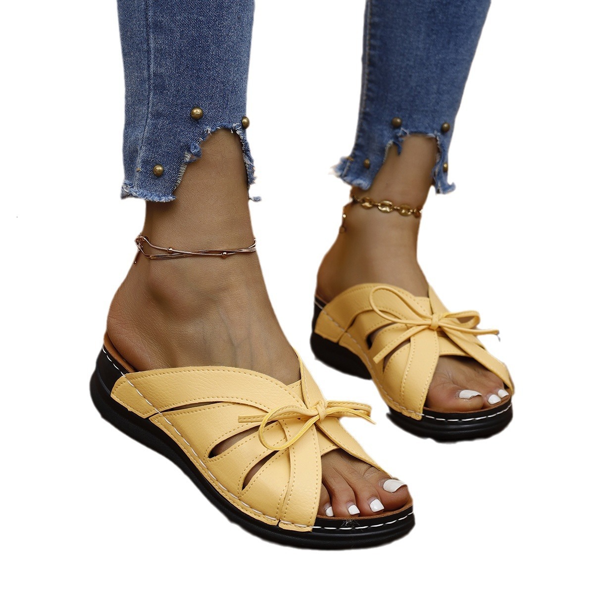 Women's plus size spring/summer 2025 simple sandals flat bottom solid color bow new style #ddmykukumalu