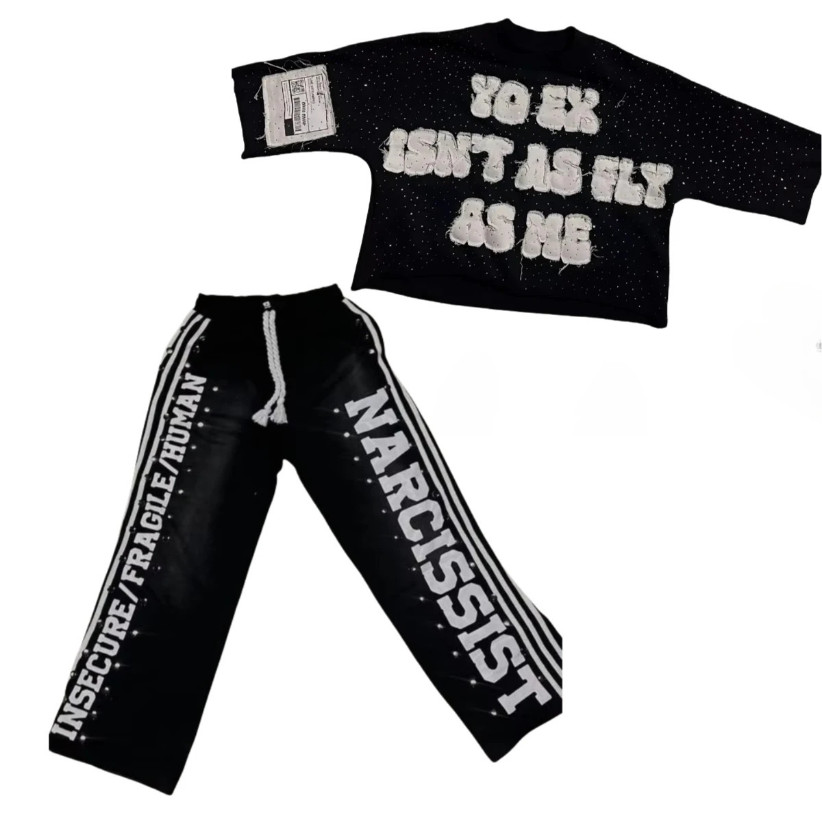 Gothic letter splicing work track set for men Y2k hiphop retro sequin striped clothing sports pants Tshirt twopiece street 250306