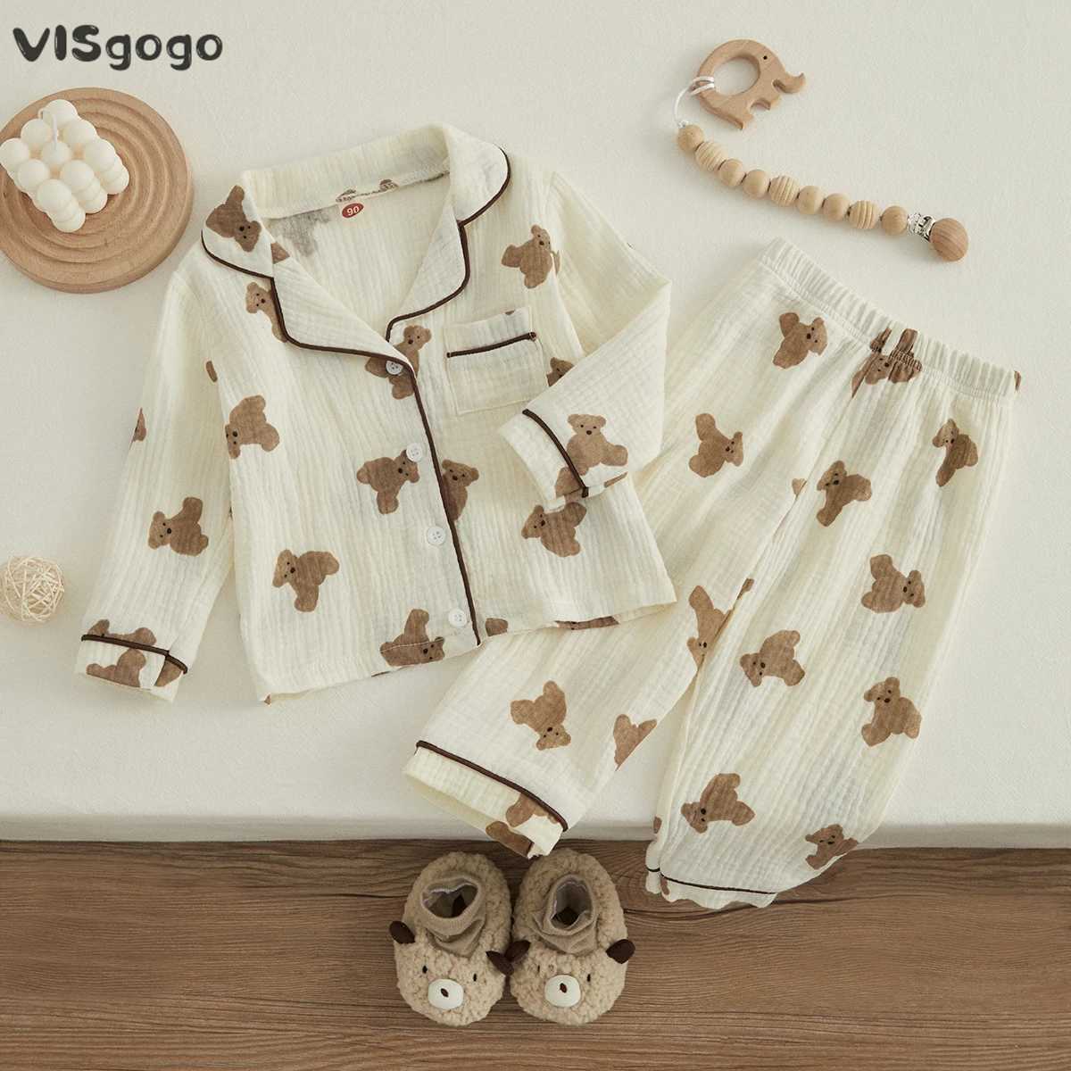 Visgogo childrens unisex cotton linen sleepwear set with bear print long sleeved front pocket lapel top long pants spring casual set M250306