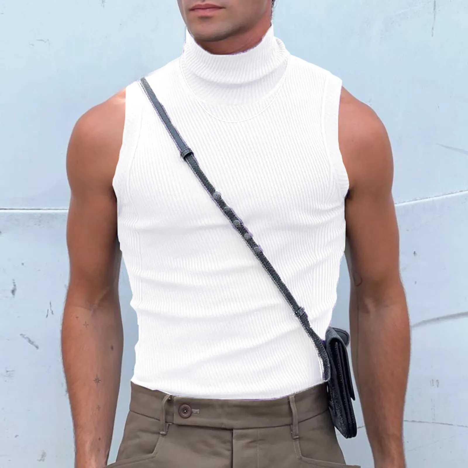 Mens Sexy Turtle Neck Knitted Camisole Sleeveless Vest Fashion Solid Color Sexy Off Shoulder Striped Nightclub Party Tank TopsT250318
