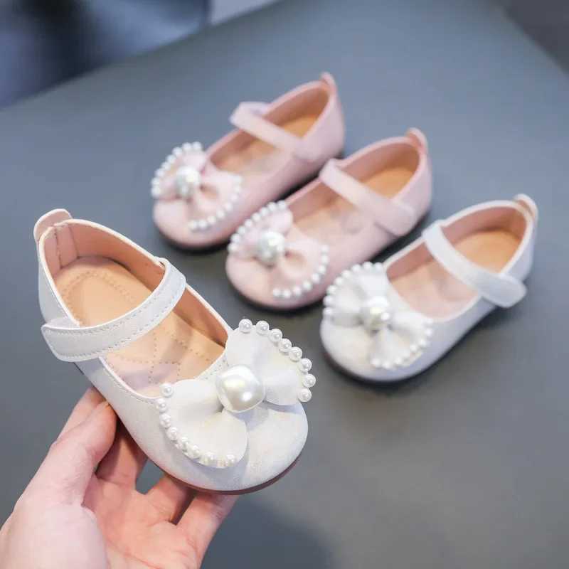 Solid Color Bow Simple Casual Pearl Cute Baby Girl Flats New 2024 Hook Loop Little Princess Soft Mary Jane Fashion Kids ShoesT250306