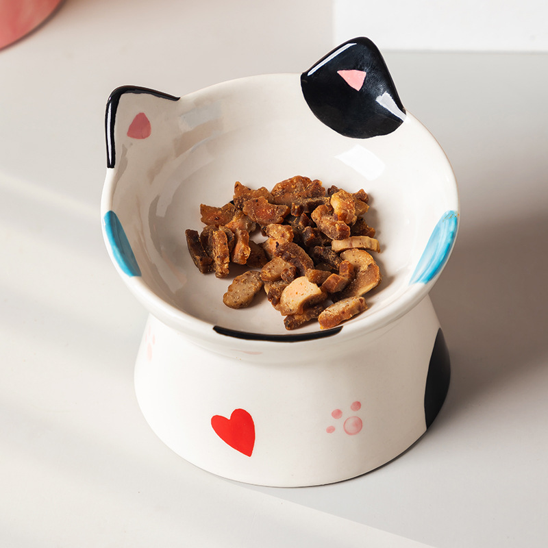 Ceramic Raised Cat Bowl, Tilted Raised Bowl Anti Vomit Cat Bowls for Indoor Cats Whisker Friendly Pet Feeder for Cats Puppies, Microwave and Dishwashe