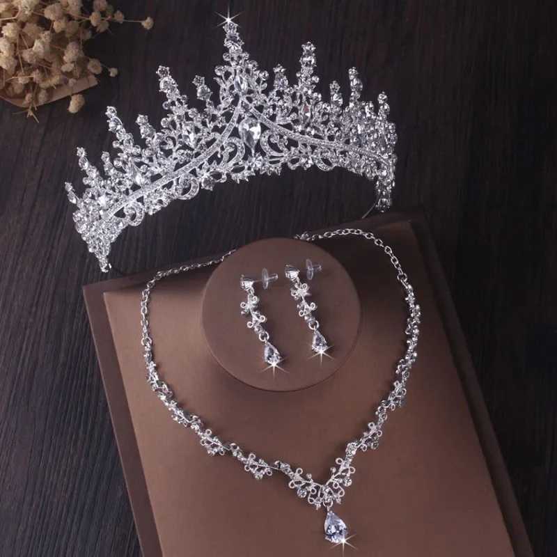 Luxury Silver Color Crystal Water Drop Bridal Jewelry Sets Rhinestone Tiaras Crown Necklace Earrings Wedding Dubai Jewelry Set X250306